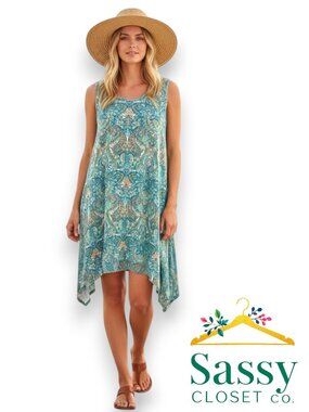 Lucky Brand Teal Paisley Knit Midi Dress 3X EUC Plus Size Sleeveless Rayon Tank